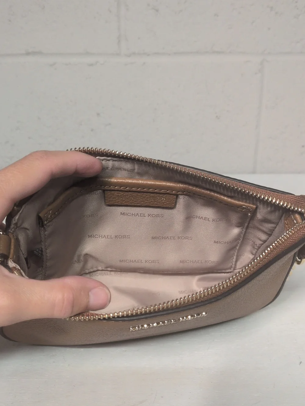 Michael Kors Luggage Leather Mini Shoulder Bag Gold Chain Link Wristlet